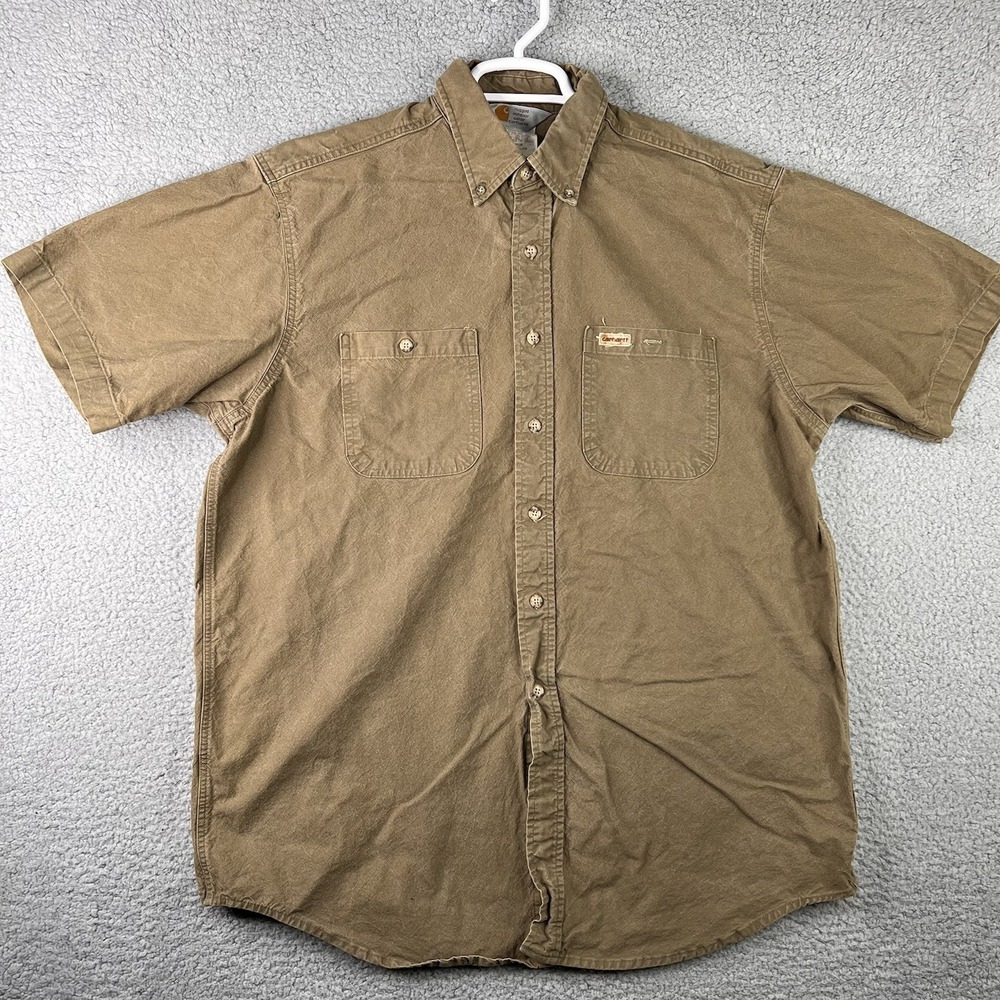 Carhartt Mens Button Down Work Shirt Green Short Sleeve Two Pockets Shirttail L